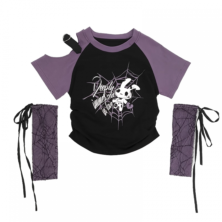 レッド/ピンク/パープルのTシャツプリントスリーブ付きY2Kカットアウトショルダースパイダーウェブ