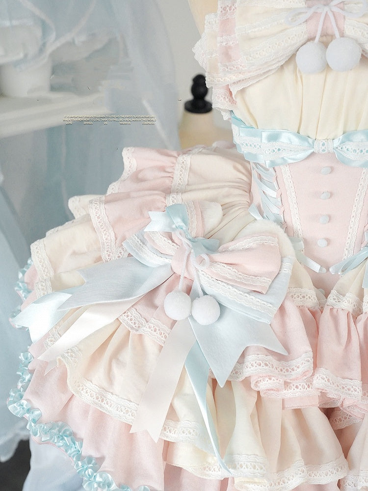 Mint Green Waist Pink Basque and Bowknots and Pompons Sweet Balletcore Puffy Lace-up Dress Decoration