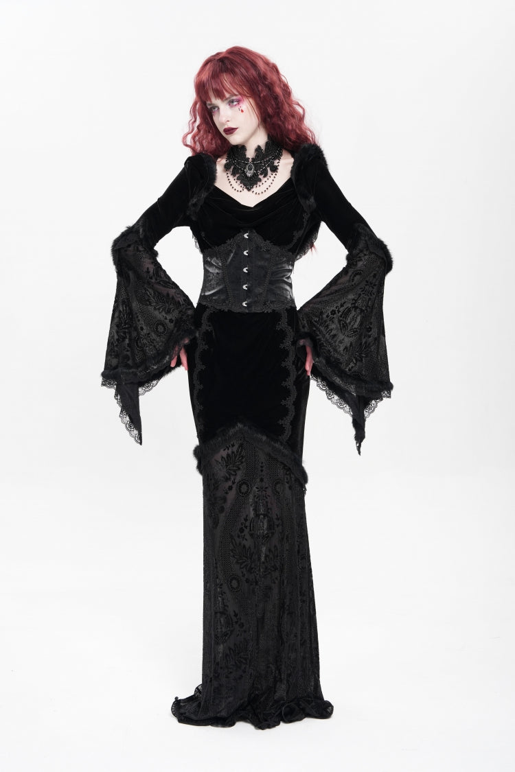 Black Long Trumpet Sleeve Hooded Mesh Gothic Dress Embroidery