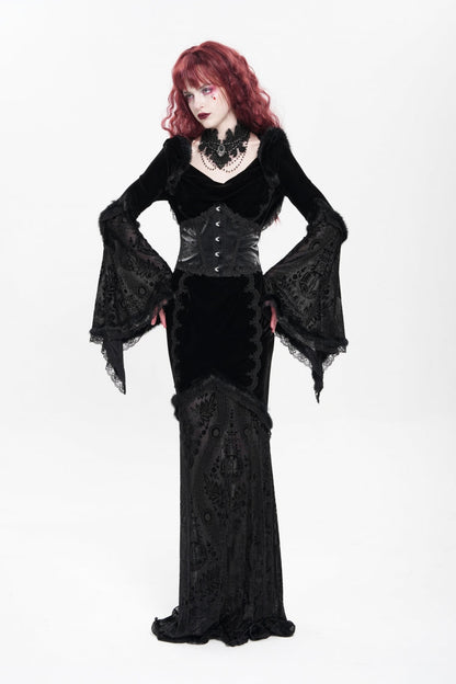 Black Long Trumpet Sleeve Hooded Mesh Gothic Dress Embroidery