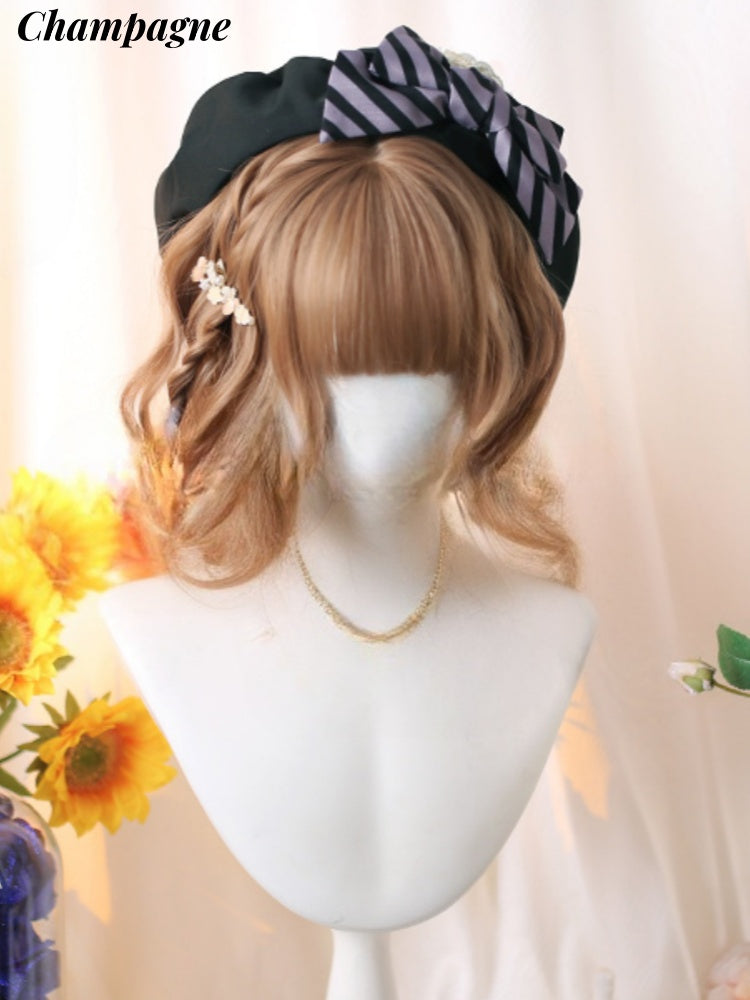 Champagne/Brown/Black Tea Short Wavy Wig with Full Bangs