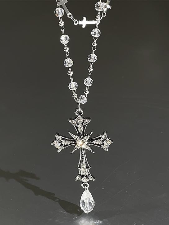 Silver With Pendant Necklace Gothic Cross Multi-Layered