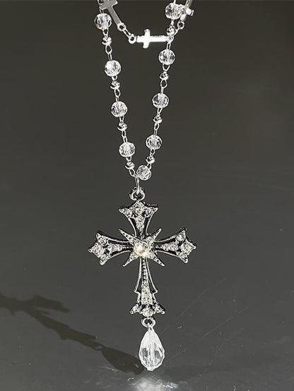 Silver With Pendant Necklace Gothic Cross Multi-Layered