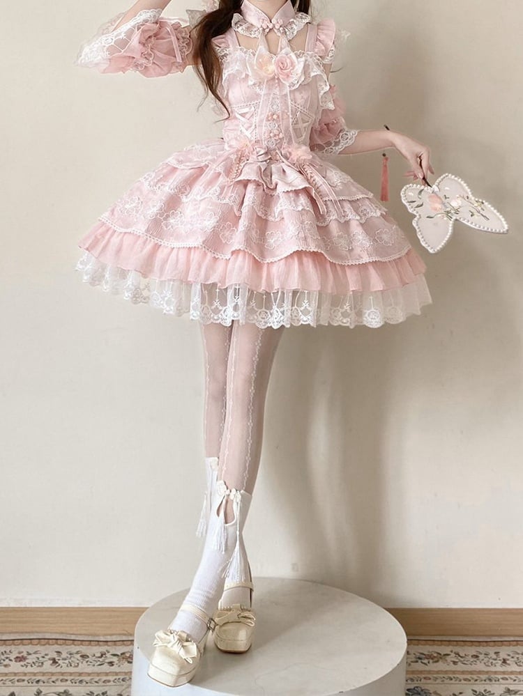 Flower Frog Waist Layered Chinoiserie Bows with Corset Pink Button Dress Lolita