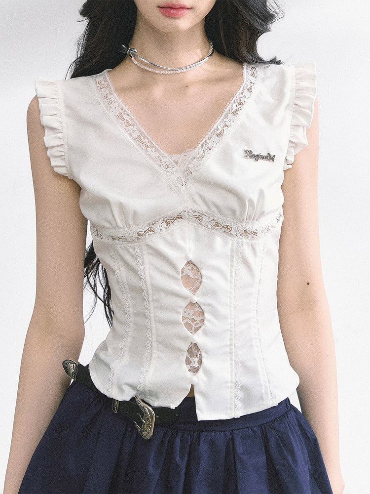 Lace White V-neck Cutout Details Patches Flutter Sleeves Top