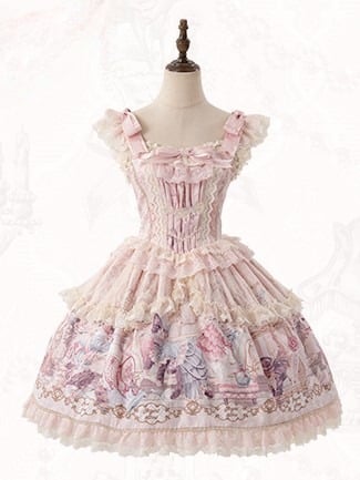 Sleeves Pink Cat Dress Flutter Trim and Bow Lace Print Accents Sweet with Lolita JSK