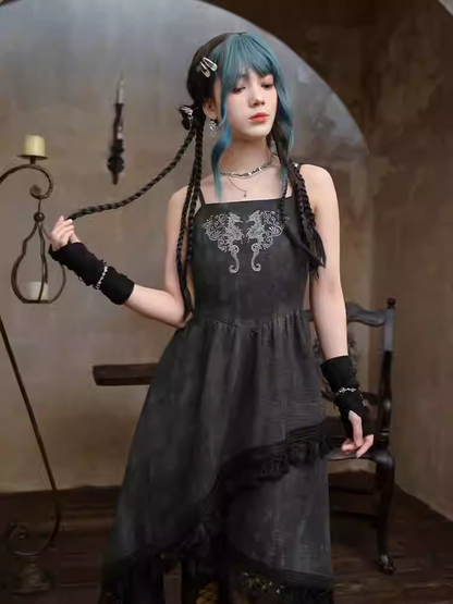 Dress Asymmetrical Tassel Hem Seahorse and Coral Embroidery Style Cami Black Cheongsam