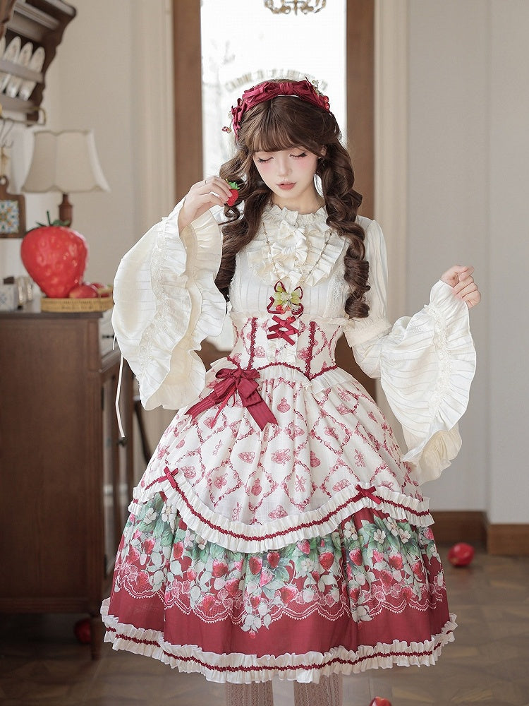 Elastic-Waist Lolita Skirt Featuring Strawberry Floral Motif - Currant
