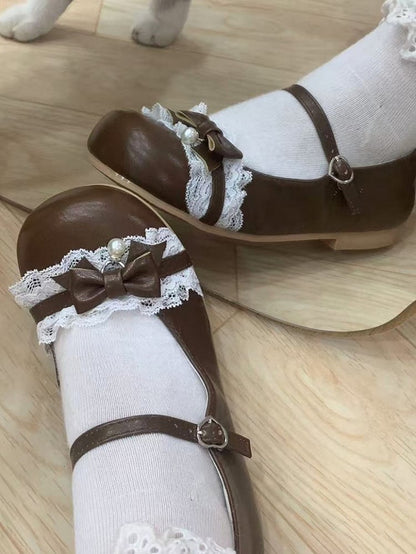 Round Janes with Lolita Charm Toe Buckle Sweet Trim - Heel Heart Bead 1cm/3.5cm Brown Bow Mary PU Lace