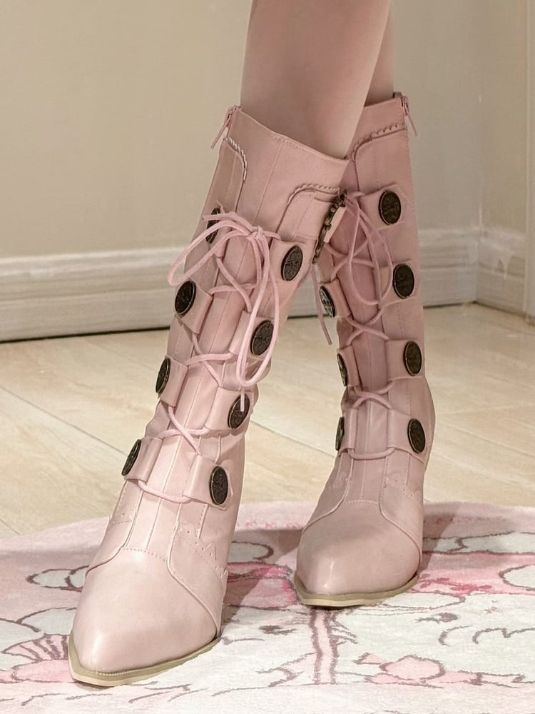 Pink Mid-Calf Pointed Details Lace-Up Design Toe Sakura Boots Leather Lolita Heels with Buckle PU -
