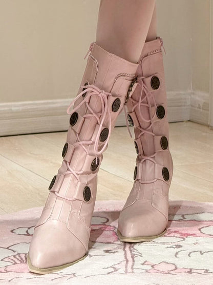 Pink Mid-Calf Pointed Details Lace-Up Design Toe Sakura Boots Leather Lolita Heels with Buckle PU -