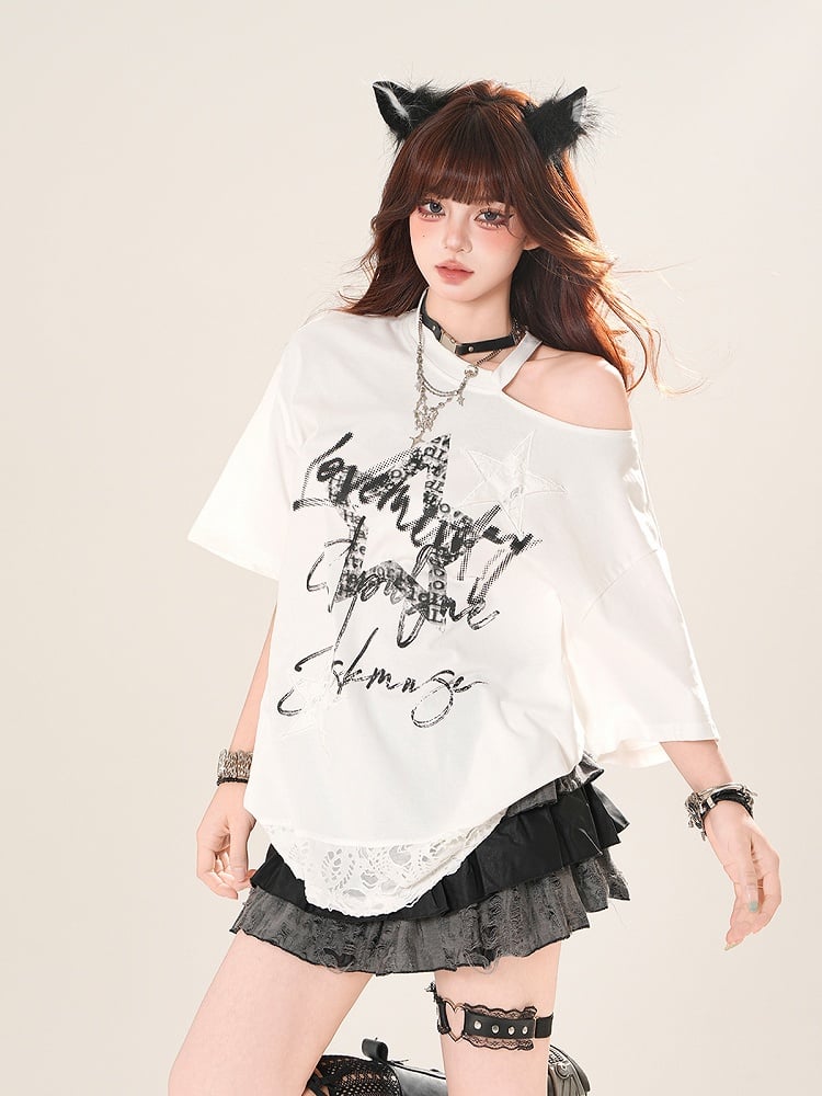 カットアウトショルダー、ダメージ加工ホールヘム、グラフィックTシャツ、ブラック/ホワイト