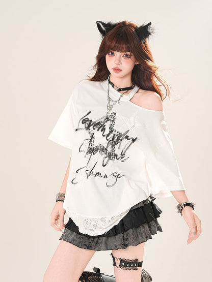 カットアウトショルダー、ダメージ加工ホールヘム、グラフィックTシャツ、ブラック/ホワイト