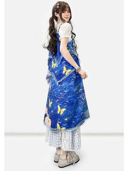 Faux Print Ölblaue Spitze Zweiteiliges Y2K Malkleid