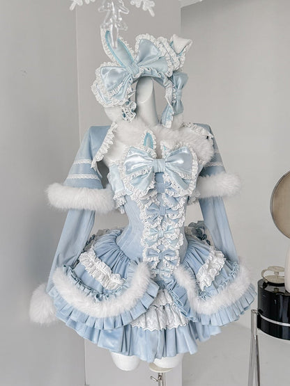 Blue Bunny Ears Bowknot Bodice Layered Skirt Boning Dress + Cropped Cape Top Set