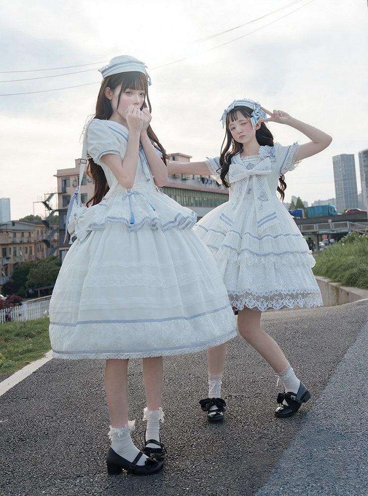 Ivory and Azure Stitched Sailor Gown with Detachable Collar - Honey Machine