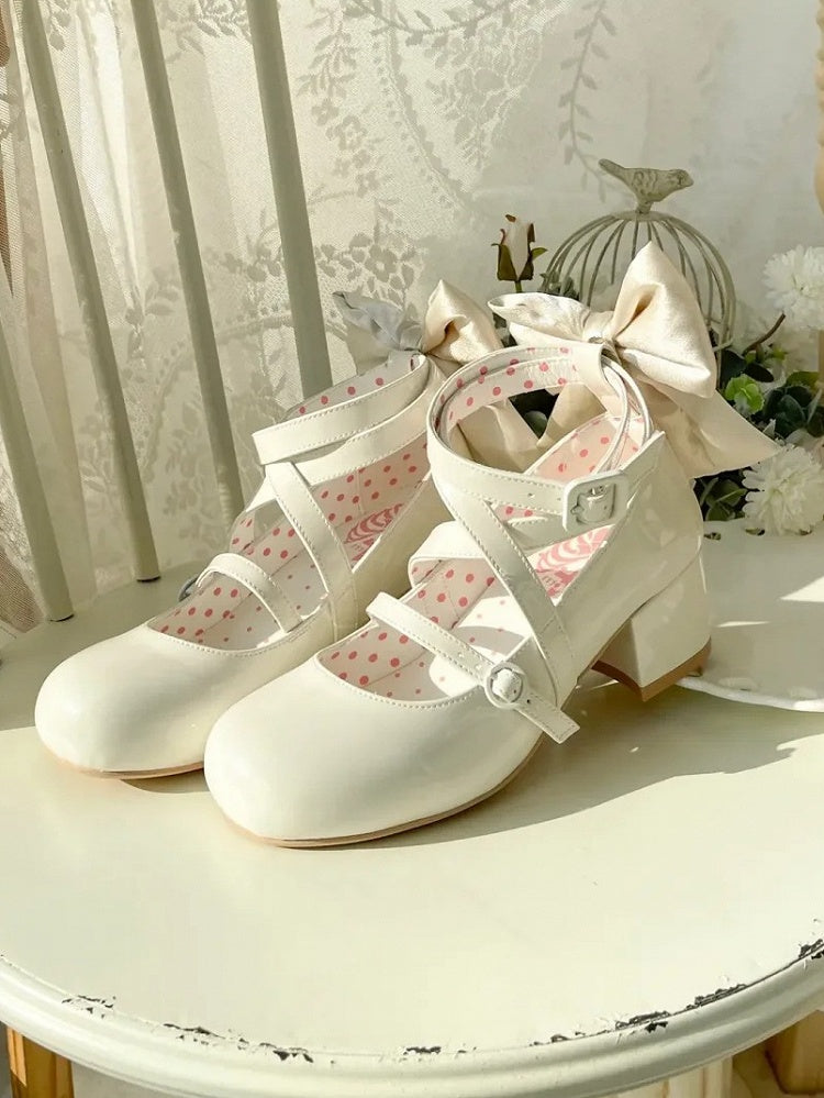 Round White Mary - Accent Design Crisscross Sweet Shoes Toe Jane Bow
