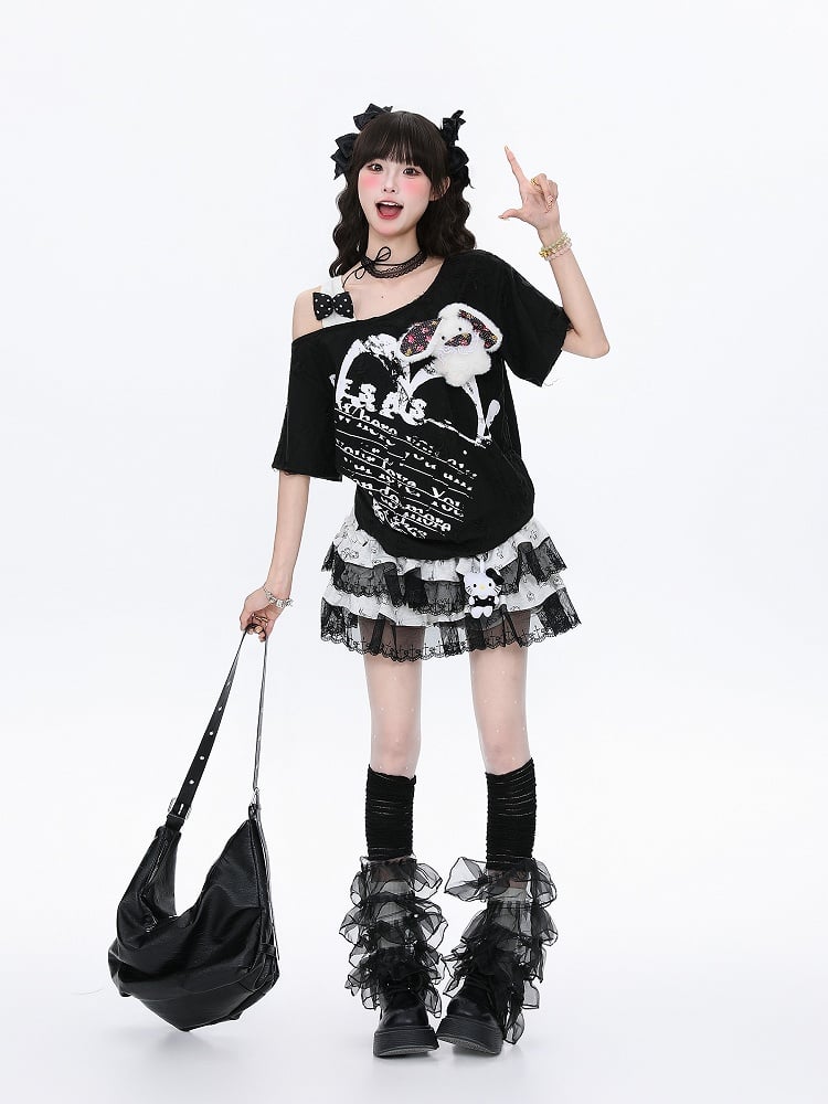 Bunny Plush One-Shoulder Accent Black/Apricot Tee Distresseded Asymmetrical with