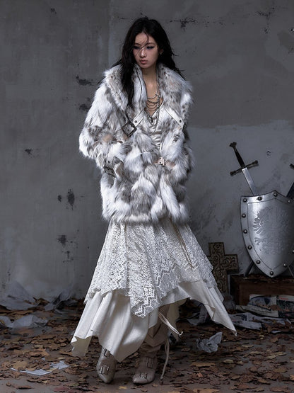 Brown Light Faux with Fur Lapel Wide Ivory Punk Coat PU Buckle Straps