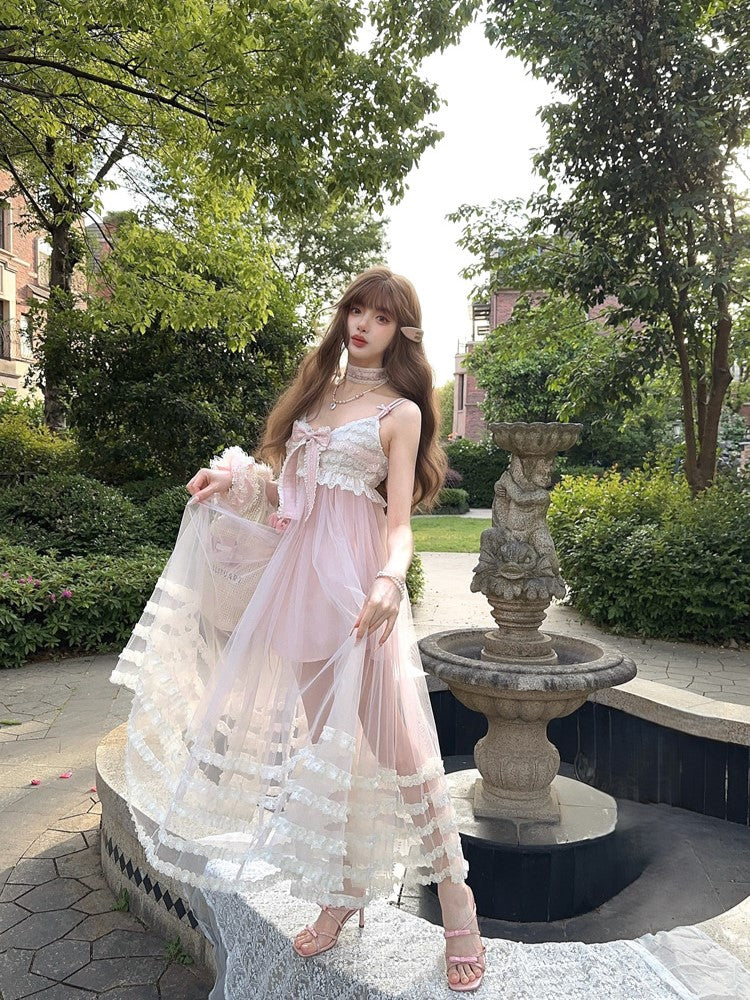 Rosa Länge Slip Spitzenkleid Rüschen Bowknot Tiered Knöchel mit