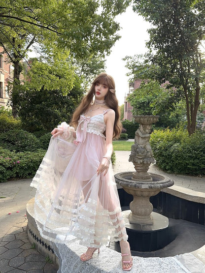 Rosa Länge Slip Spitzenkleid Rüschen Bowknot Tiered Knöchel mit