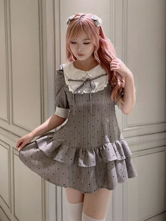 Gray Heart-Printed Peter Pan Collar Ruffled Short Sleeve Dress - Smyster