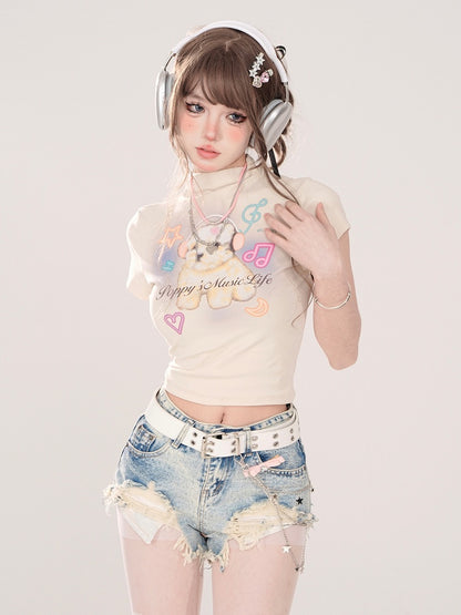 T-shirt with Adorable Puppy Print Apricot Mock Neck Crop