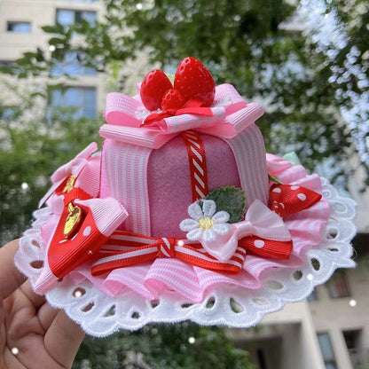 蝶結びのレースデザイントリムミニピンクの花柄ストロベリーハット装飾ディテール