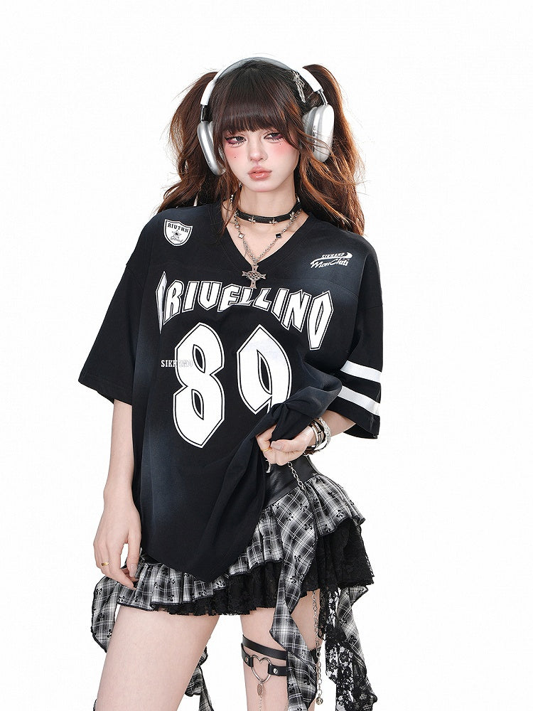 Black V-neck Number Print Loose T-shirt