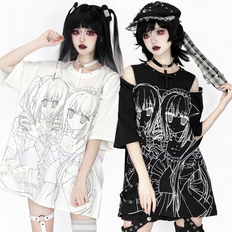 Shoulder Cutout Dark Jirai Top Short-Sleeve Printed Girl Kei
