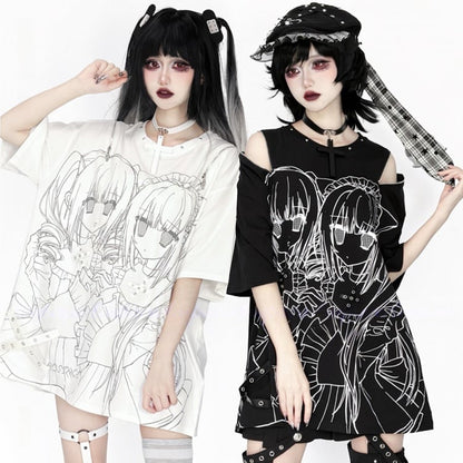 Girl Short-Sleeve Gray Cutout Top Landmine Shoulder White Printed Style