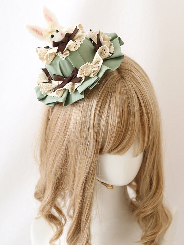 Decoration Hat Cute Green Lolita With Bunny Lace-trimmed Bowknot Dusty / Mini Brown Blue