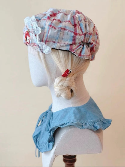 Beret Flipped Brim Red Embroidery Plaid and Applique Blue Apple with