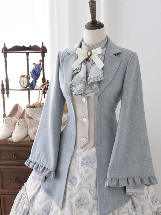 Elegant Blue and Beige Single-Breasted Jacket with Lacing Detail