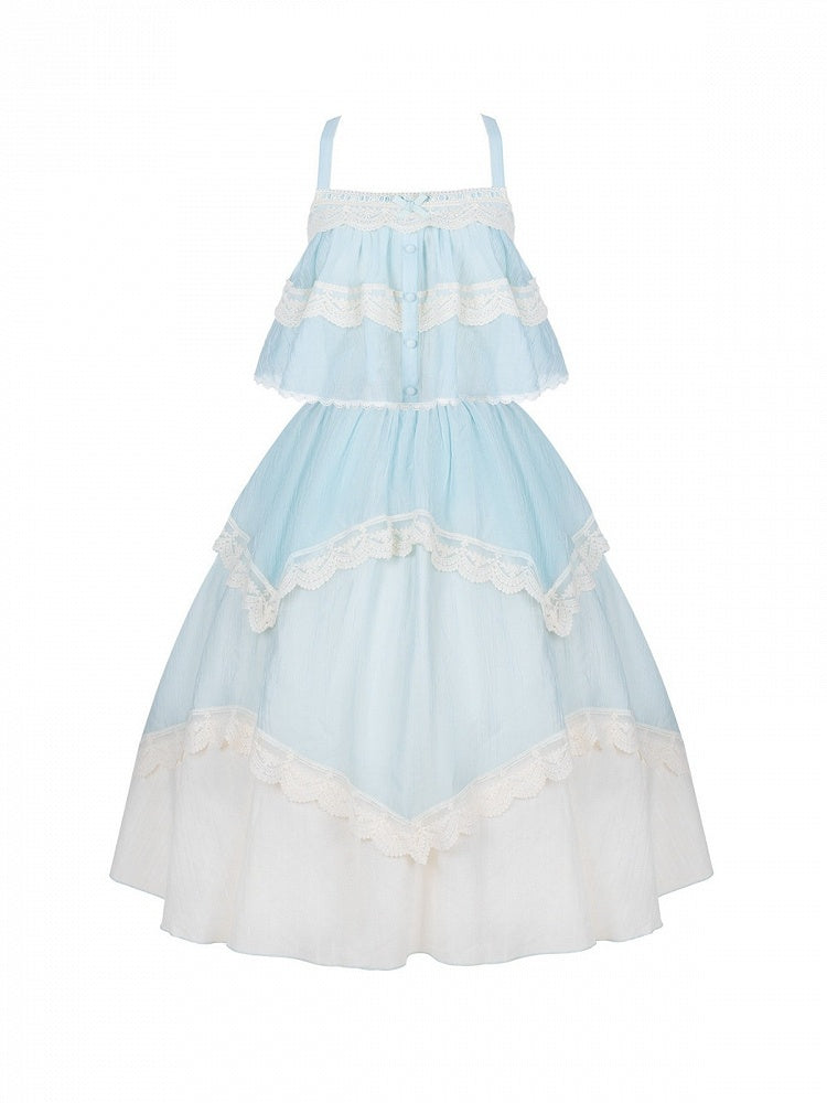 Blue Summer Set: Sleeveless Top, Skirt, Brooch & Hat - With PUJI