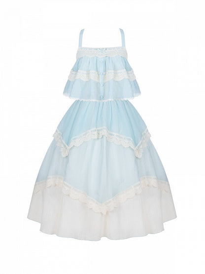 Blue Summer Set: Sleeveless Top, Skirt, Brooch & Hat - With PUJI
