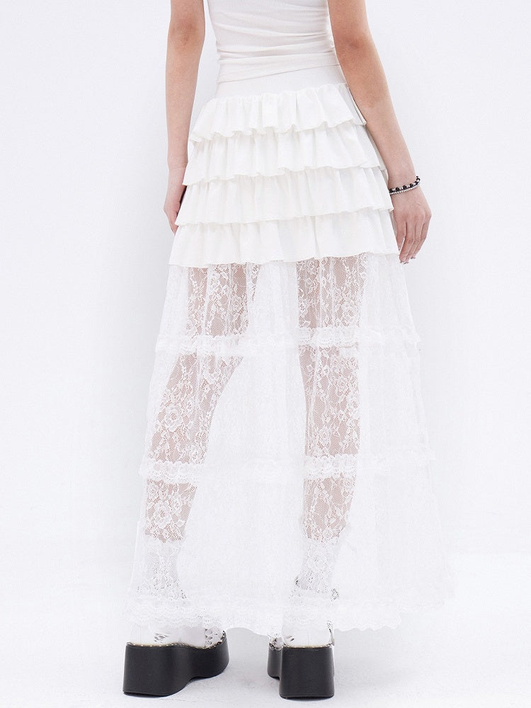 ホワイトレースフリル裾ティアードロングスカート