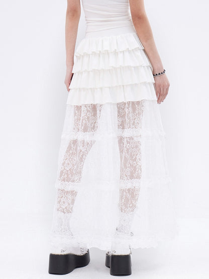 ロングホワイトレーススカート裾フリルティアード