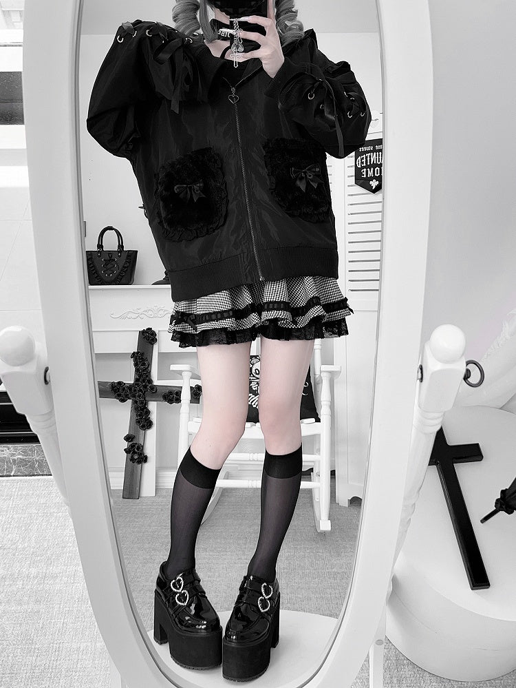 Black Plush Bunny Ear Hood Jirai Kei Jacket with Crossed Back Pins & Lace-Up Sleeves