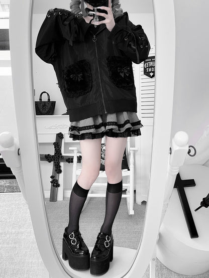 Black Plush Bunny Ear Hood Jirai Kei Jacket with Crossed Back Pins & Lace-Up Sleeves