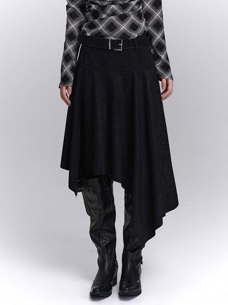 Maillard Fashion Taschentuchrock Saum Asymmetrisch Passender Schwarzer Wildledergürtel mit