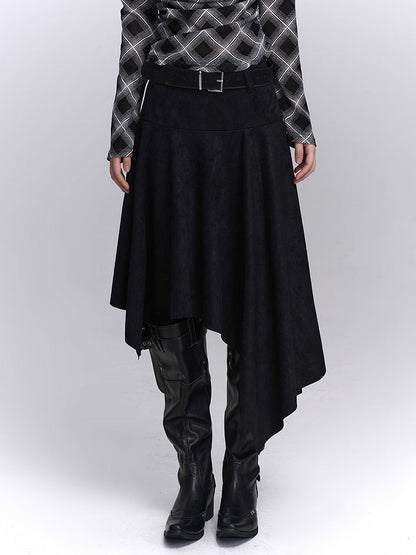 Maillard Fashion Taschentuchrock Saum Asymmetrisch Passender Schwarzer Wildledergürtel mit