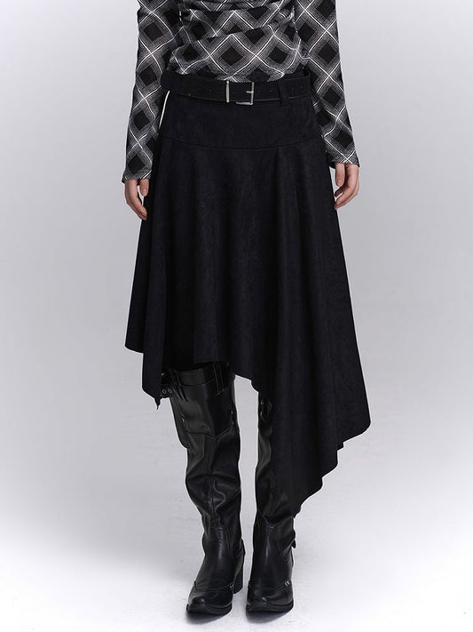 Maillard Fashion Handkerchief Skirt Hem Asymmetrical Matching Black Suede Belt with