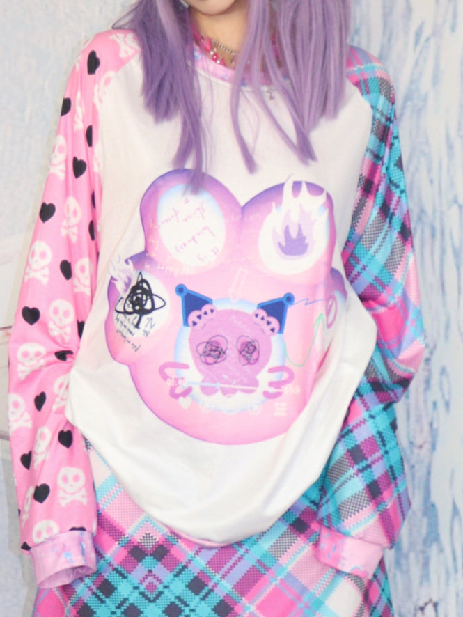 Claw Cat Heart Long And Print Sleeves Plaid Pattern Skeleton Top Y2K White
