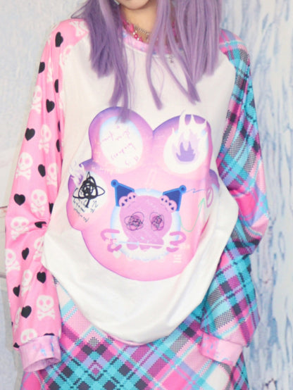 Claw Cat Heart Long And Print Sleeves Plaid Pattern Skeleton Top Y2K White