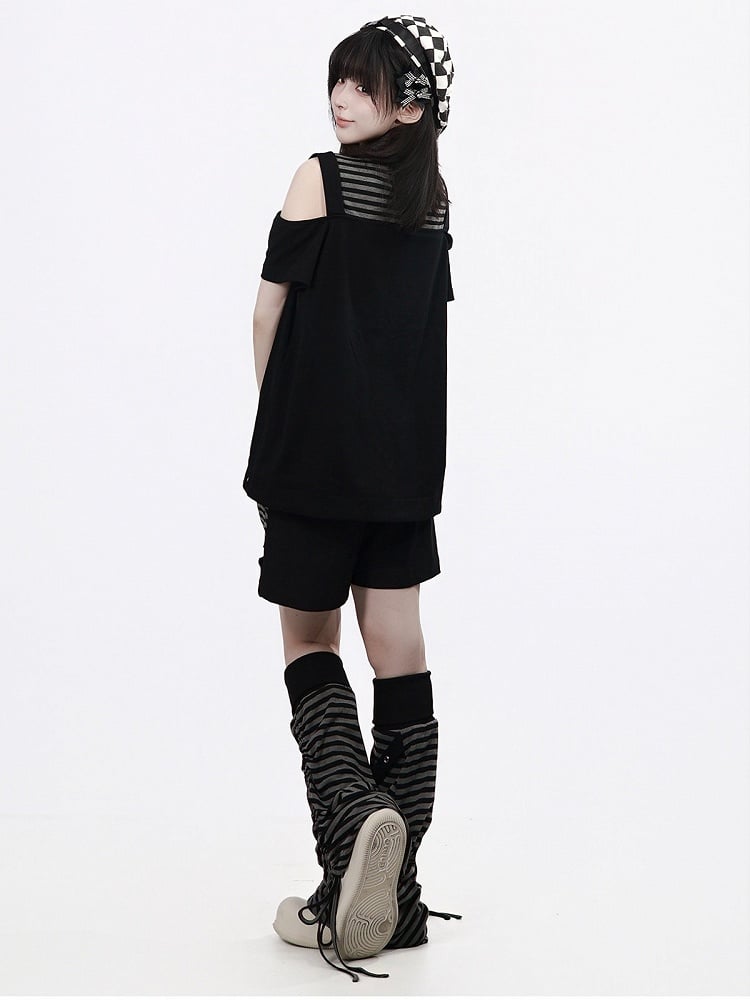 Black Straight-Leg Shorts with Asymmetrical Pocket Design - PINK SAVIOR
