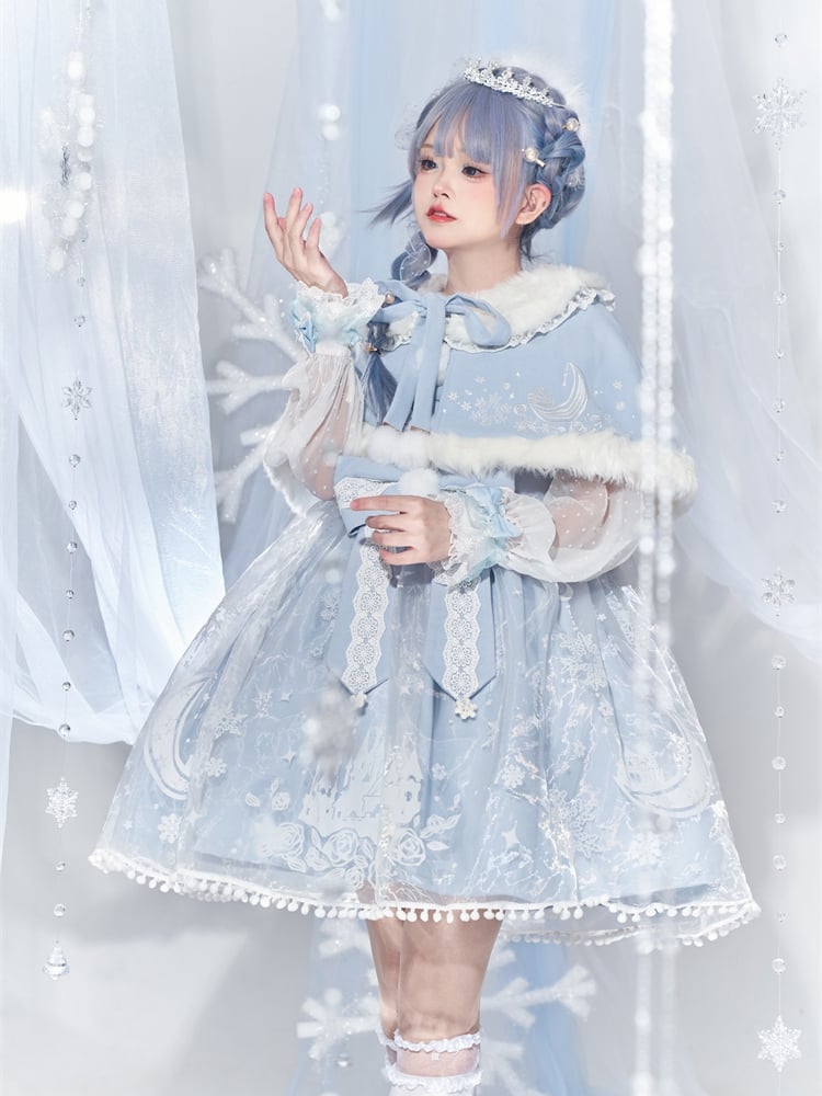 Set Overlay Purple Castle Print Trim Moon Cape Snow with Skirt Plush Light Lace Dress Lolita Jumper