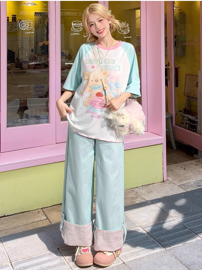 Mint Blue Colorblock Design Bear Print Loose Cute T-shirt
