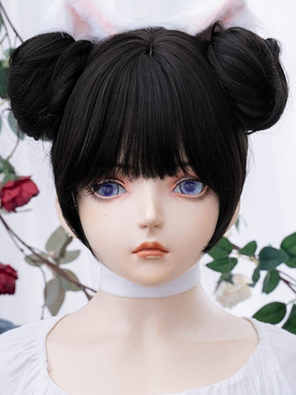 ブラックティーショートボブカット合成ウィッグ、ダブルポニーテールクロークリップ付き