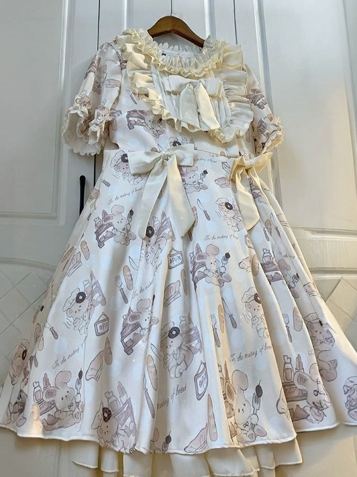 Light Yellow Bow Print Plus-Size OP Dress with Bear Motif - Versatile girl